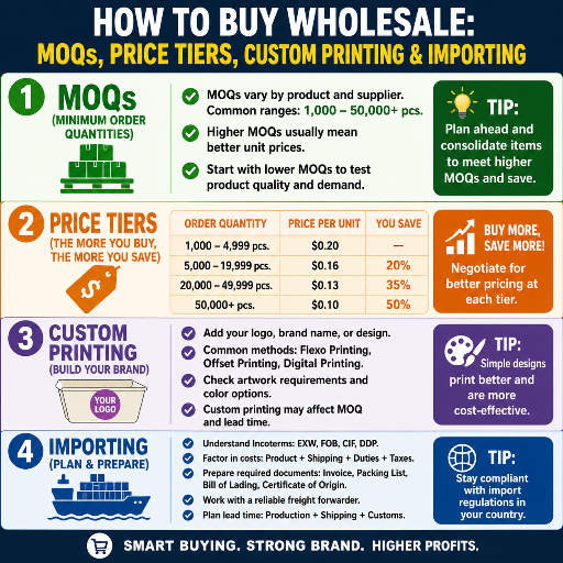 How to Buy Wholesale: MOQs, Price Tiers, Custom Printing & Importing