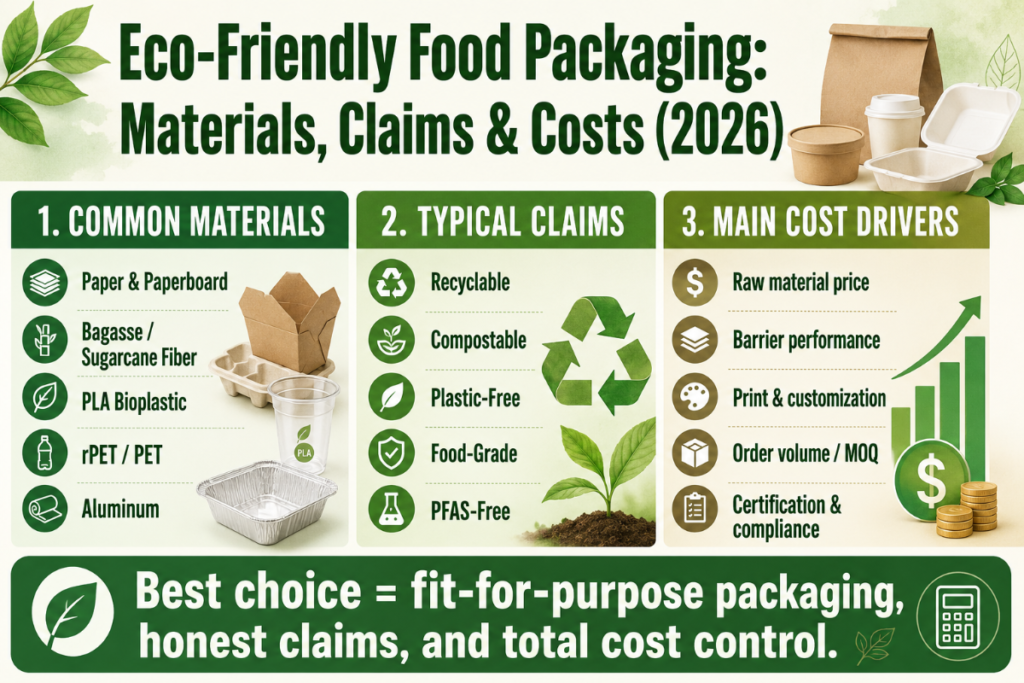 Eco-friendly food packaging — materials, claims, and costs 2026
