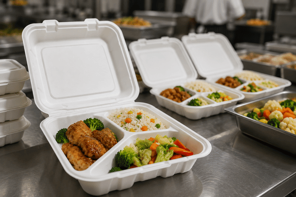 Three-compartment hinged trays for catering