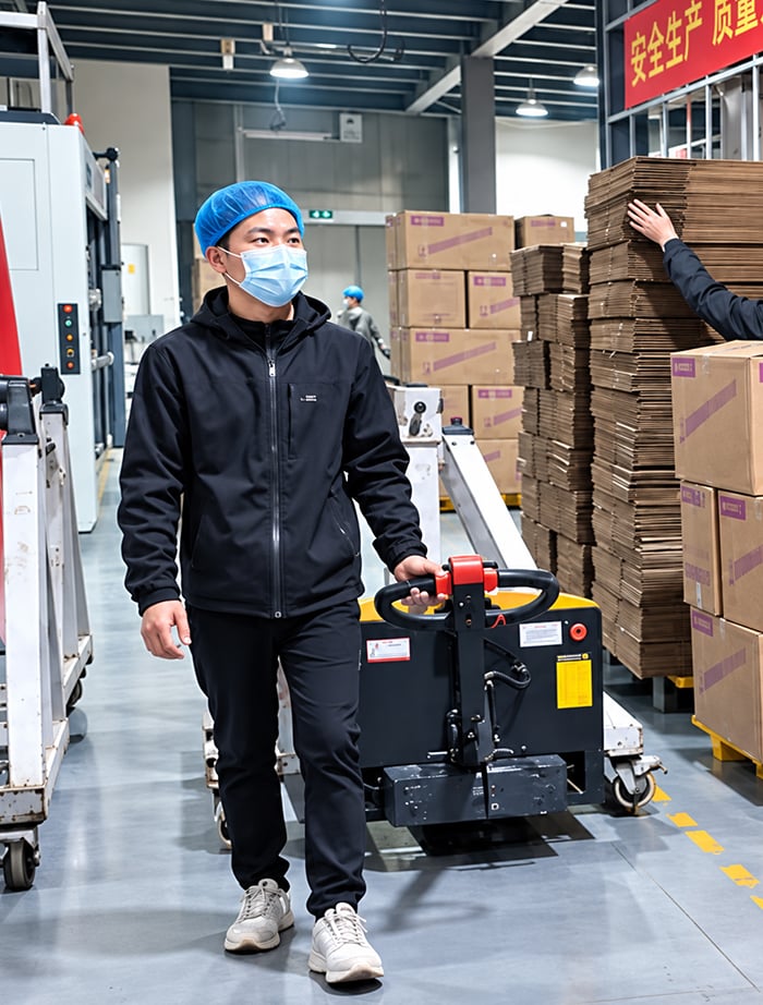 Worker checking inventory in packaging facility