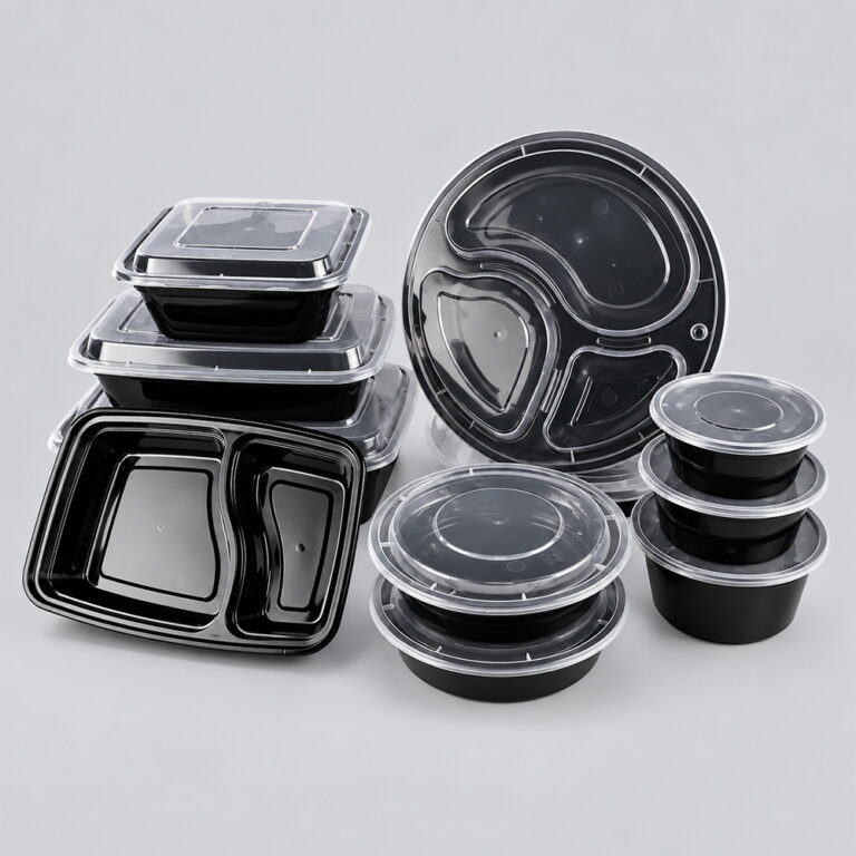 Black PP food containers with clear lids in assorted shapes