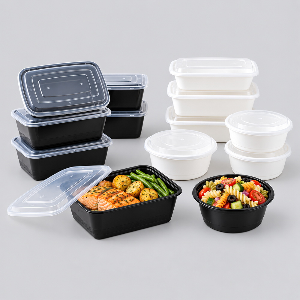 Black and white takeaway containers with salmon meal and pasta salad