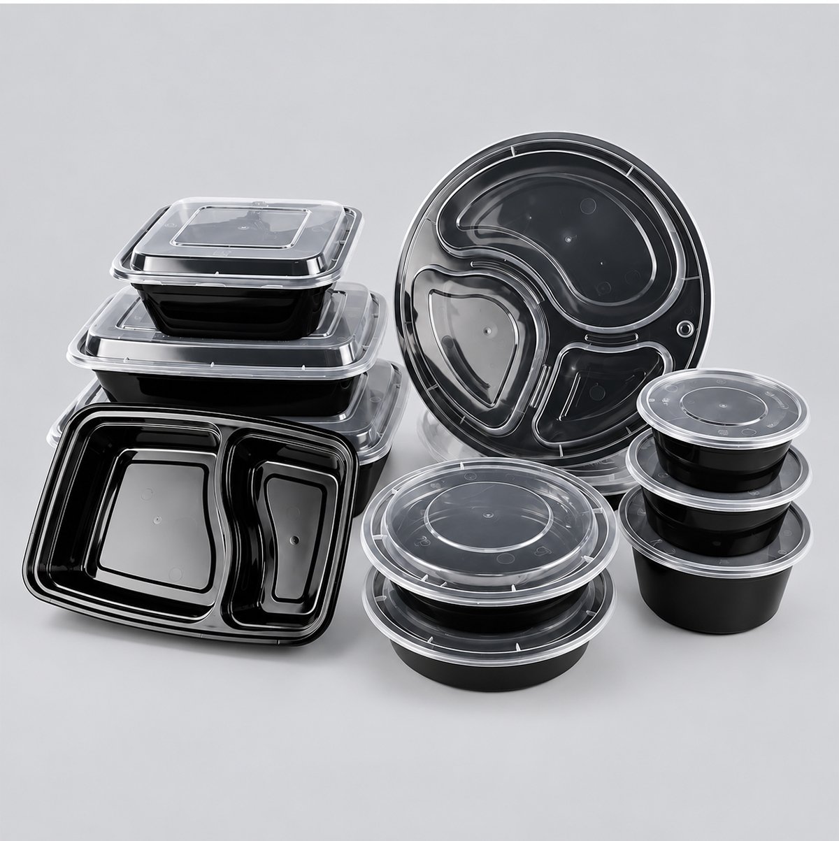 Assorted black rectangular, square and round containers with clear lids