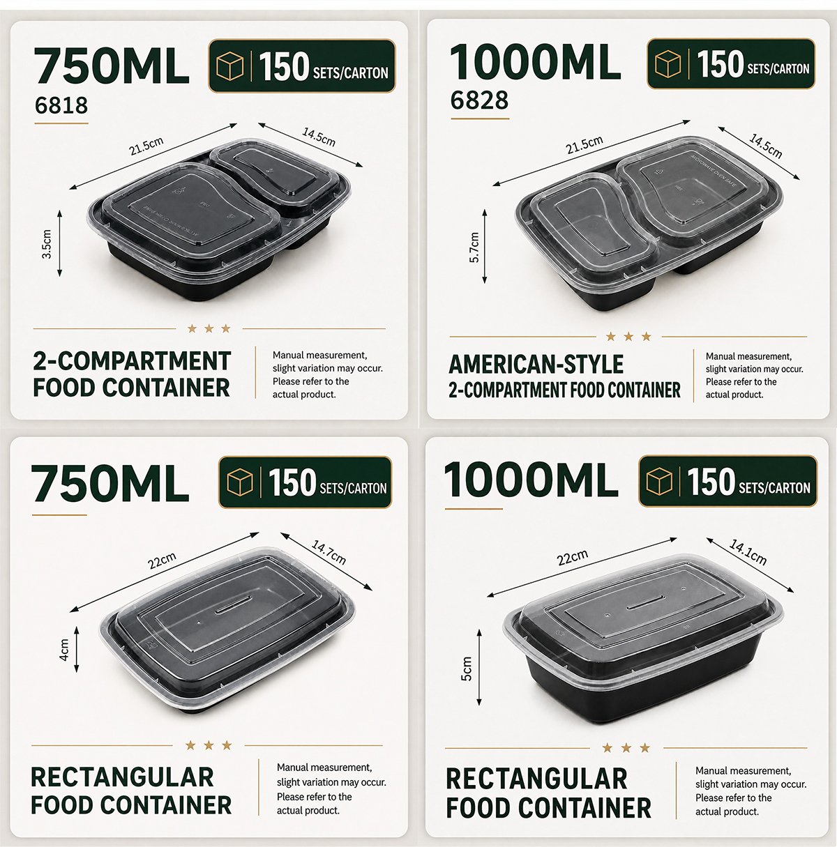 Size cards for 750 ml and 1000 ml rectangular containers