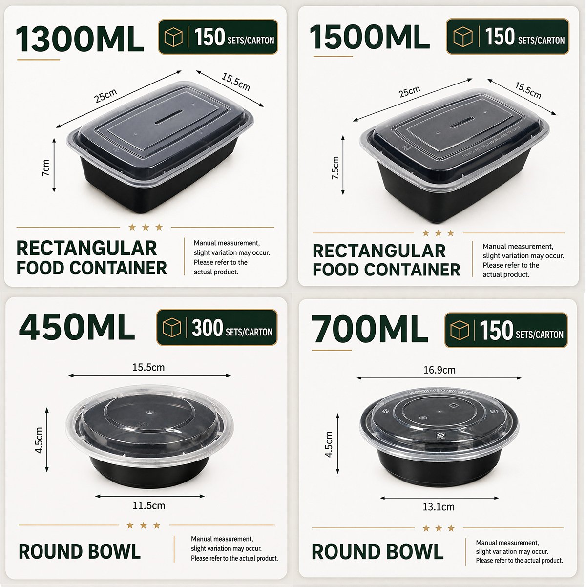 Size cards for 1300 ml, 1500 ml containers and round bowls
