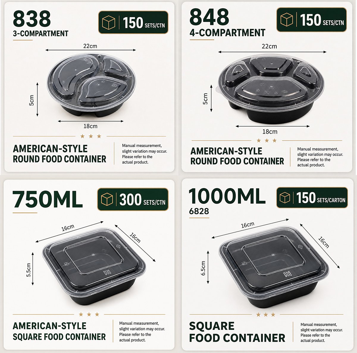 Size cards for round compartment and square food containers