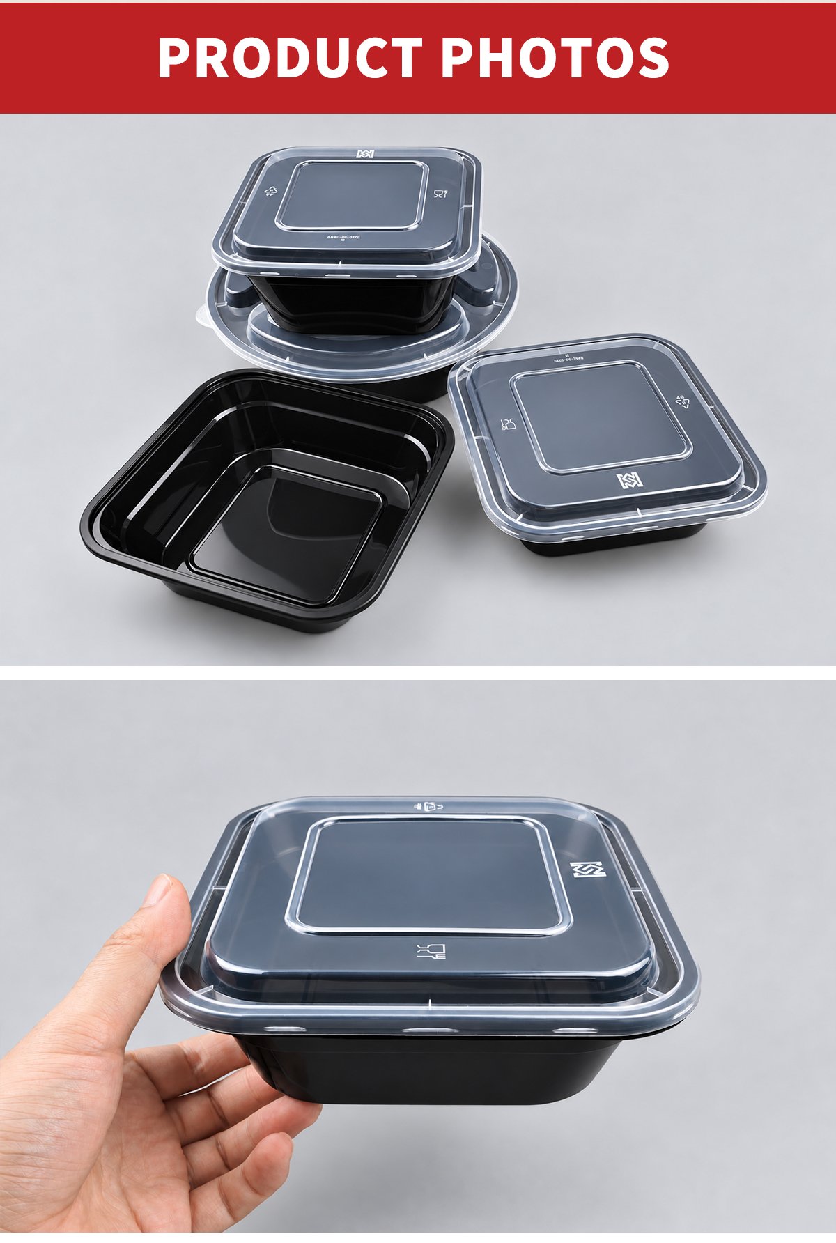Black square food containers with clear lids, open and in hand