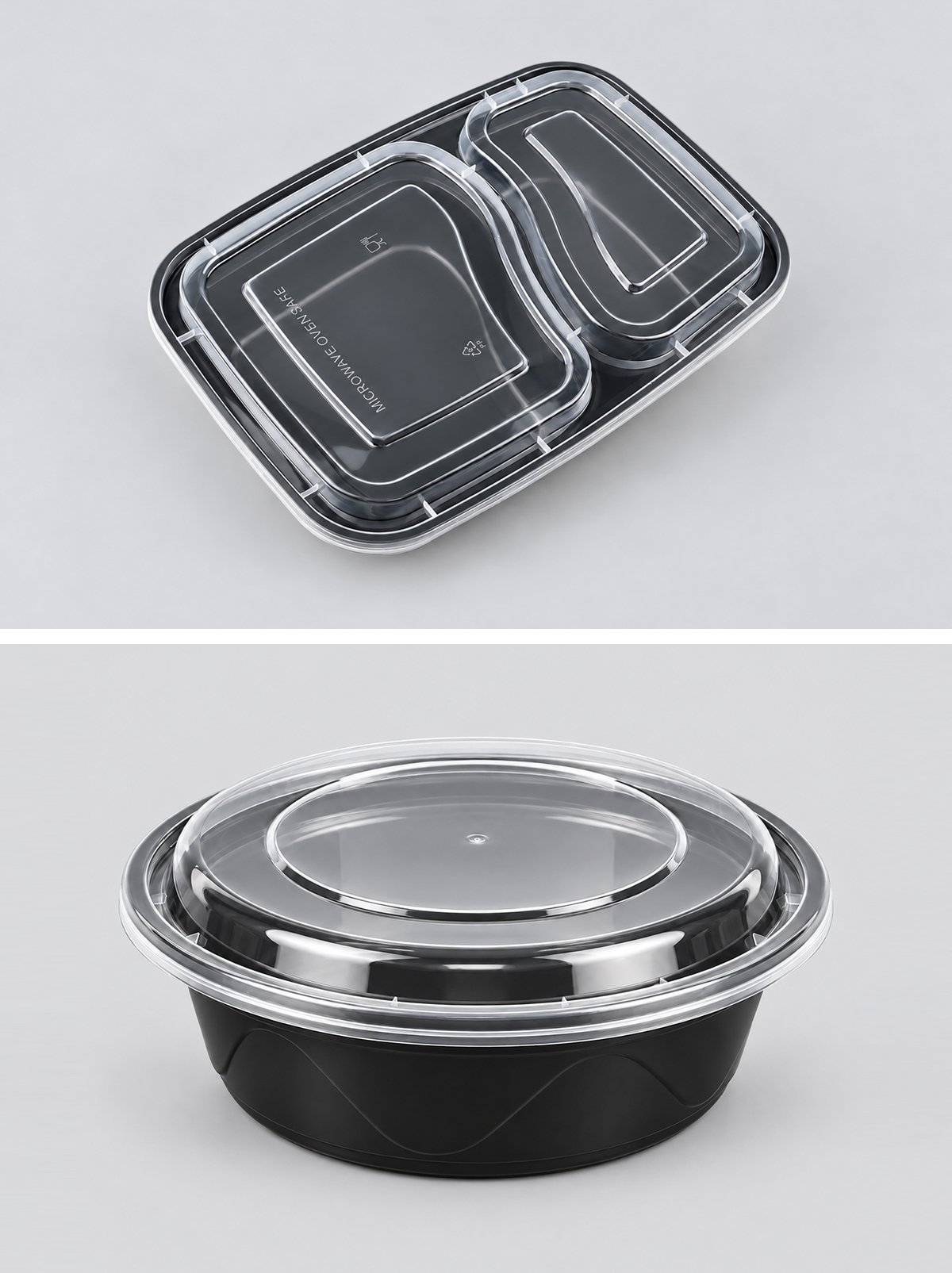Two-compartment container and round bowl with clear PP lids