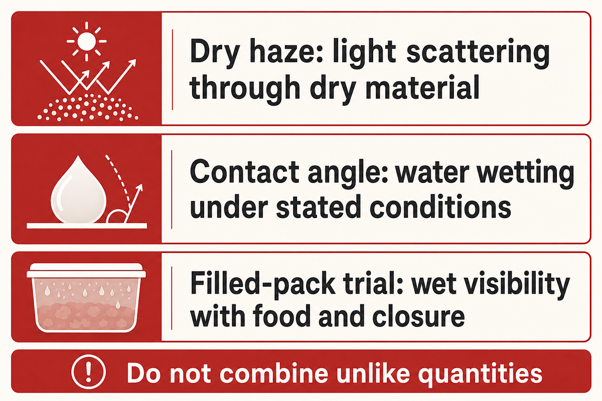 Dry haze, contact angle and finished-pack wet visibility answer different questions; ASTM D1003 covers dry optics.