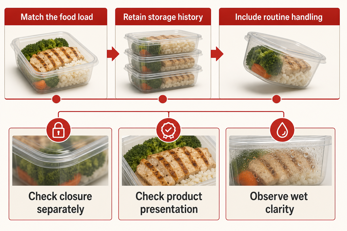 Check closure and presentation alongside wet clarity after actual food loading, storage and handling.