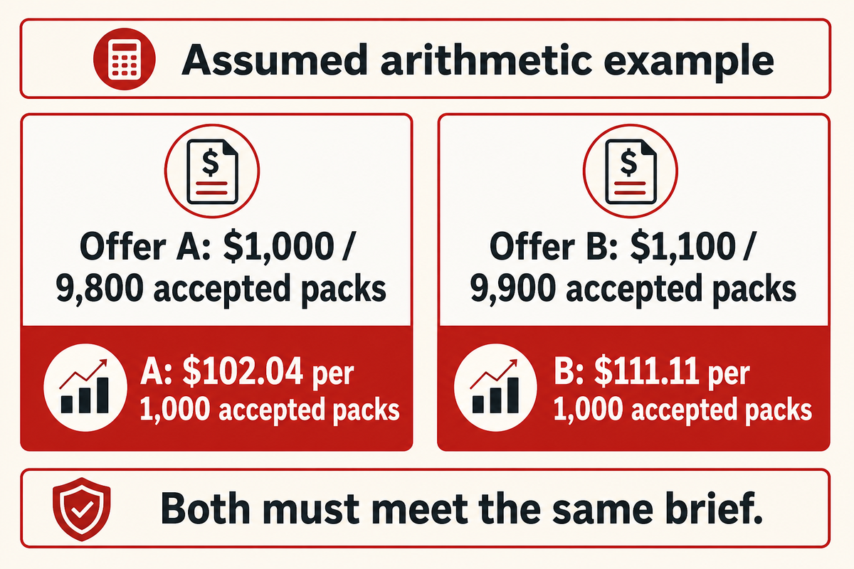 Assumed offers yield $102.04 vs $111.11 per 1,000 accepted packs; both must meet the same brief.