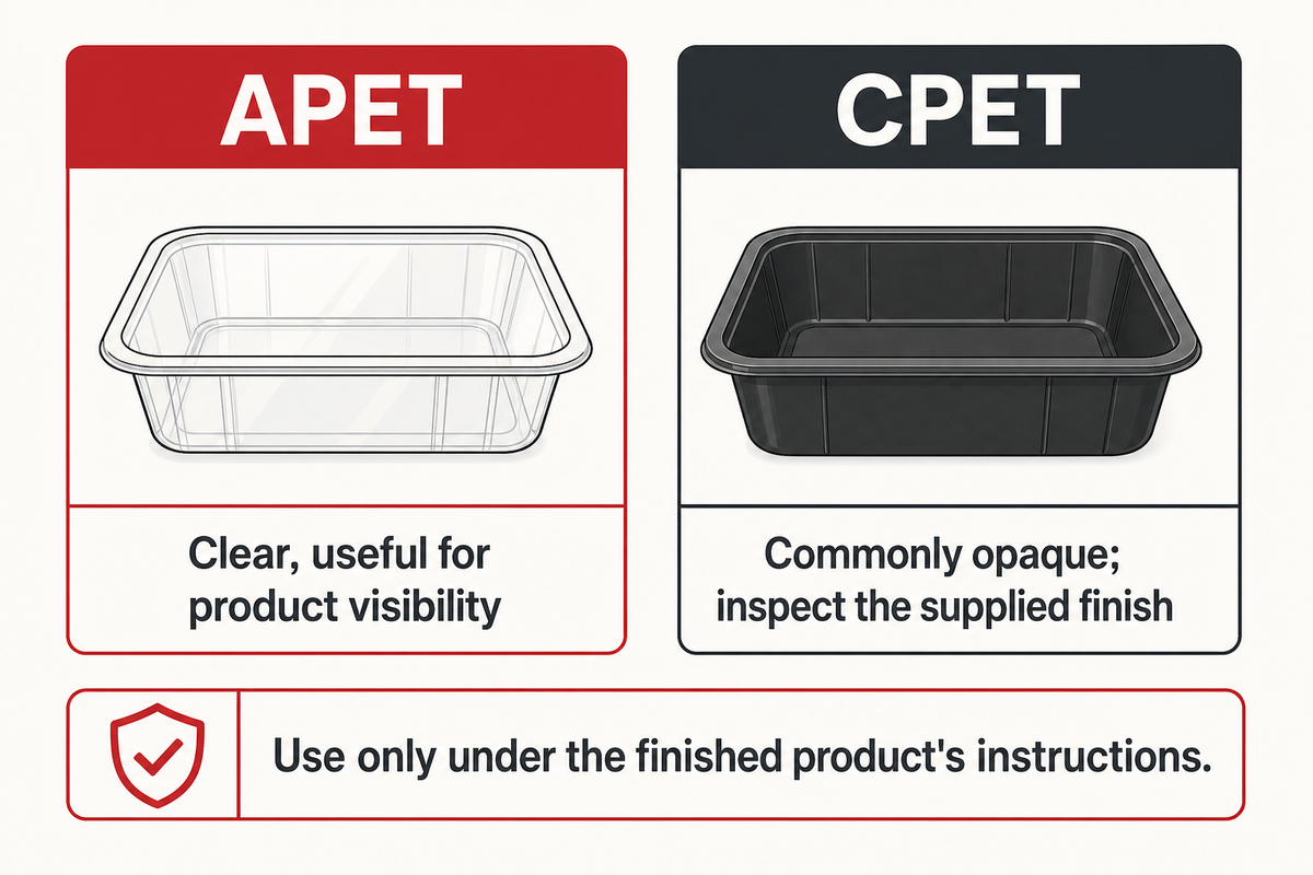 APET typically supports clear display; opaque CPET must still be approved under its finished-product instructions.