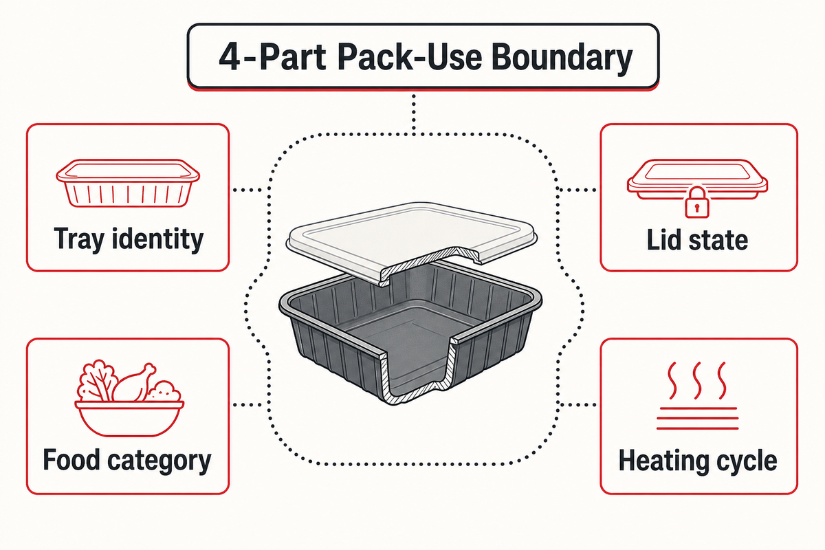 Record tray identity, lid state, food category and heating cycle before approving the finished pack.