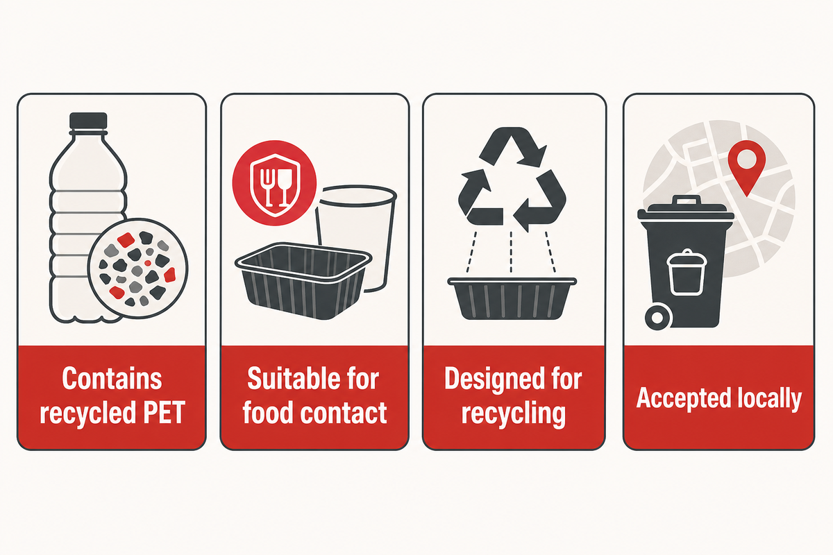 Recycled content, food-contact suitability, design for recycling and local acceptance are different claims.