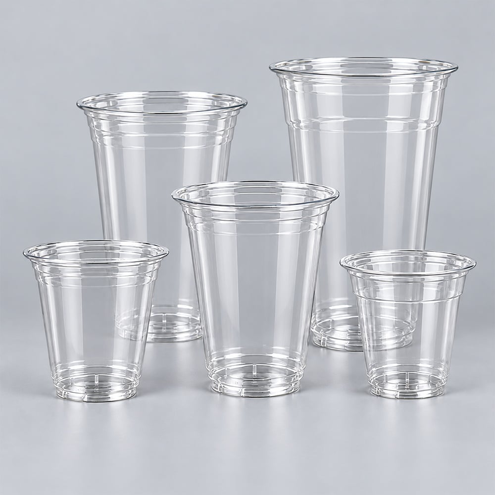 Five clear PET cups in different sizes on grey background