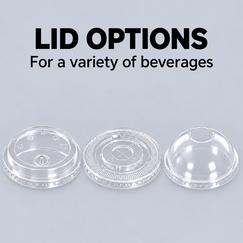 Three clear PET cup lids: sip lid, flat lid, dome lid