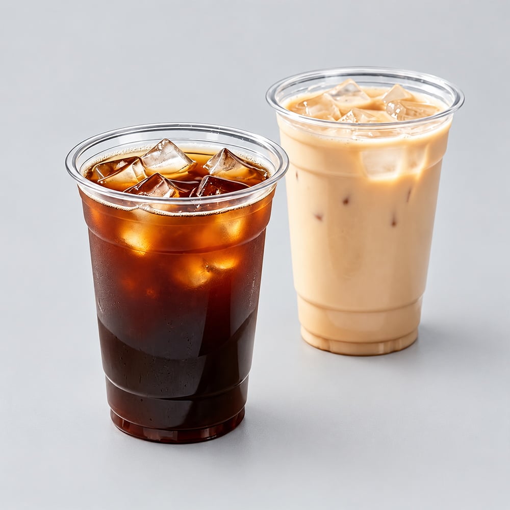 Iced coffee and iced latte in clear PET cups