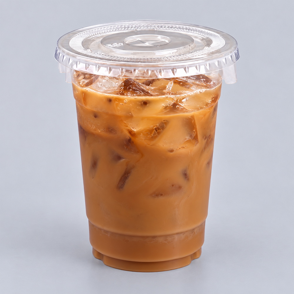 Clear PET cup of iced coffee with flat straw-slot lid