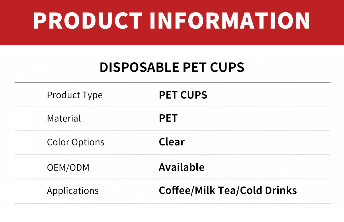 Product information table for disposable PET cups