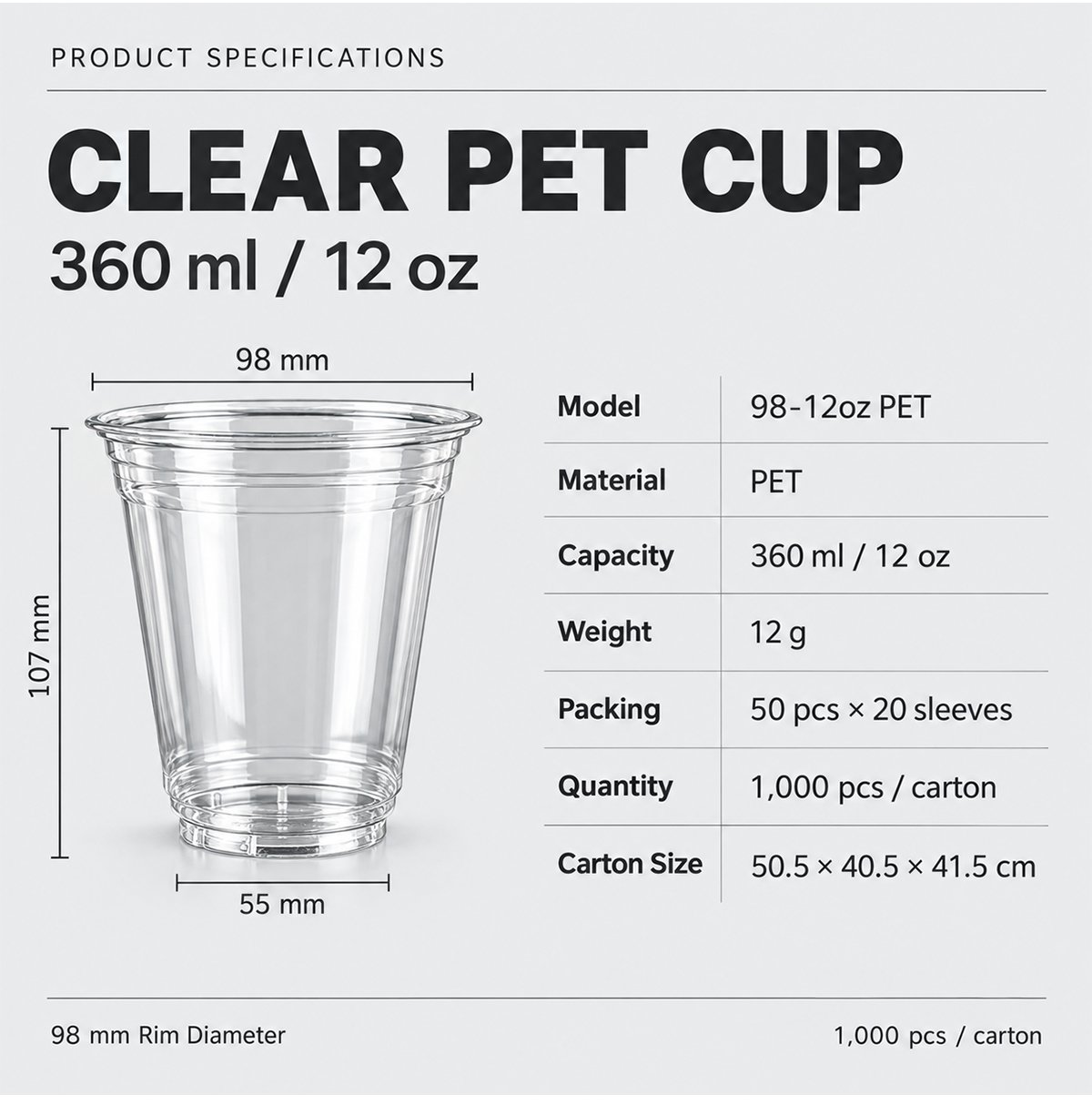 12 oz clear PET cup dimensions and packing specifications