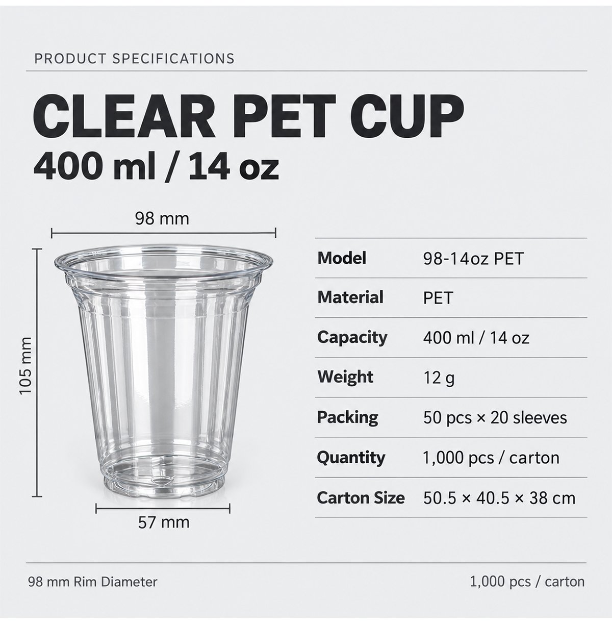 14 oz clear PET cup dimensions and packing specifications