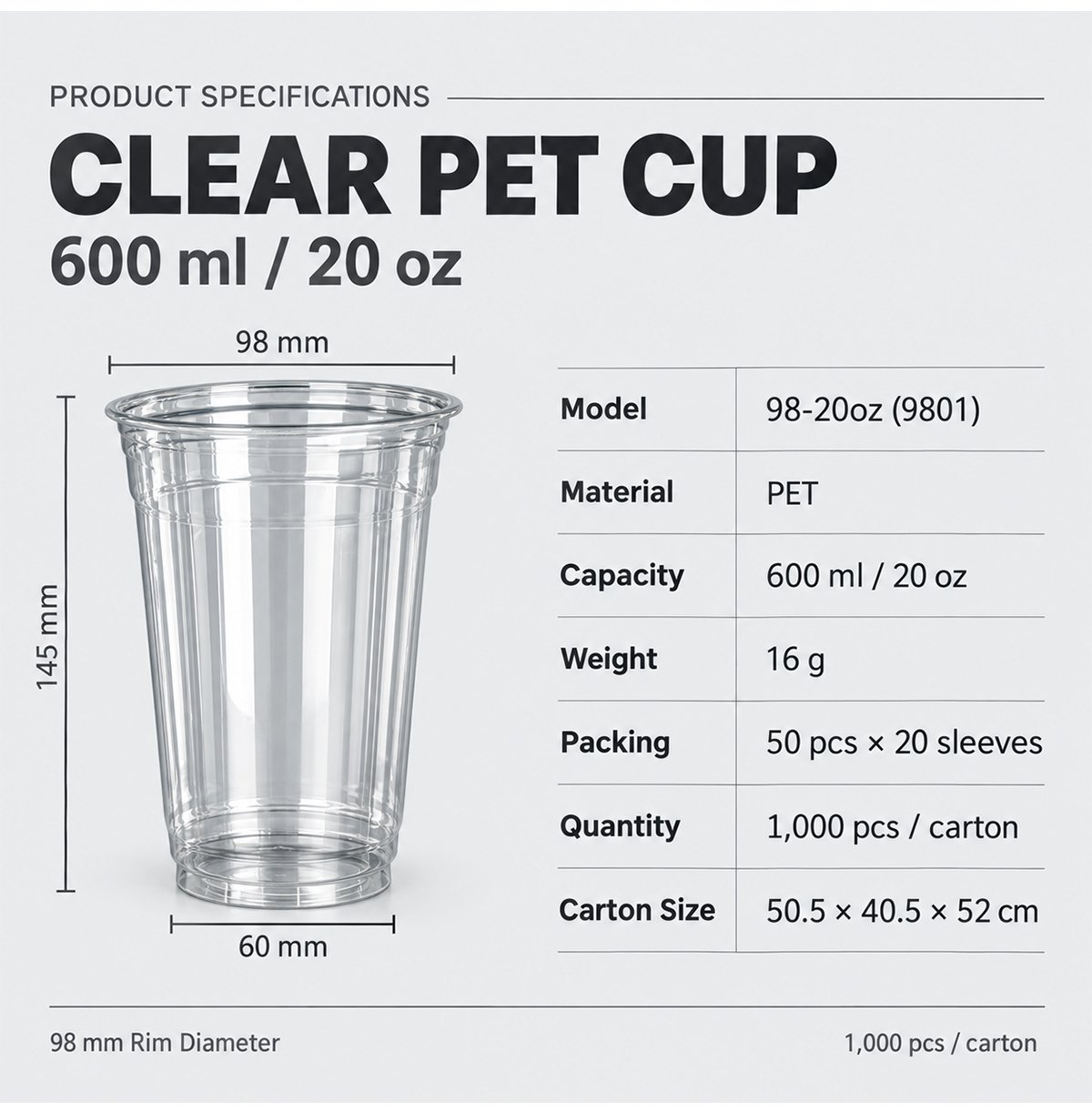 20 oz clear PET cup dimensions and packing specifications