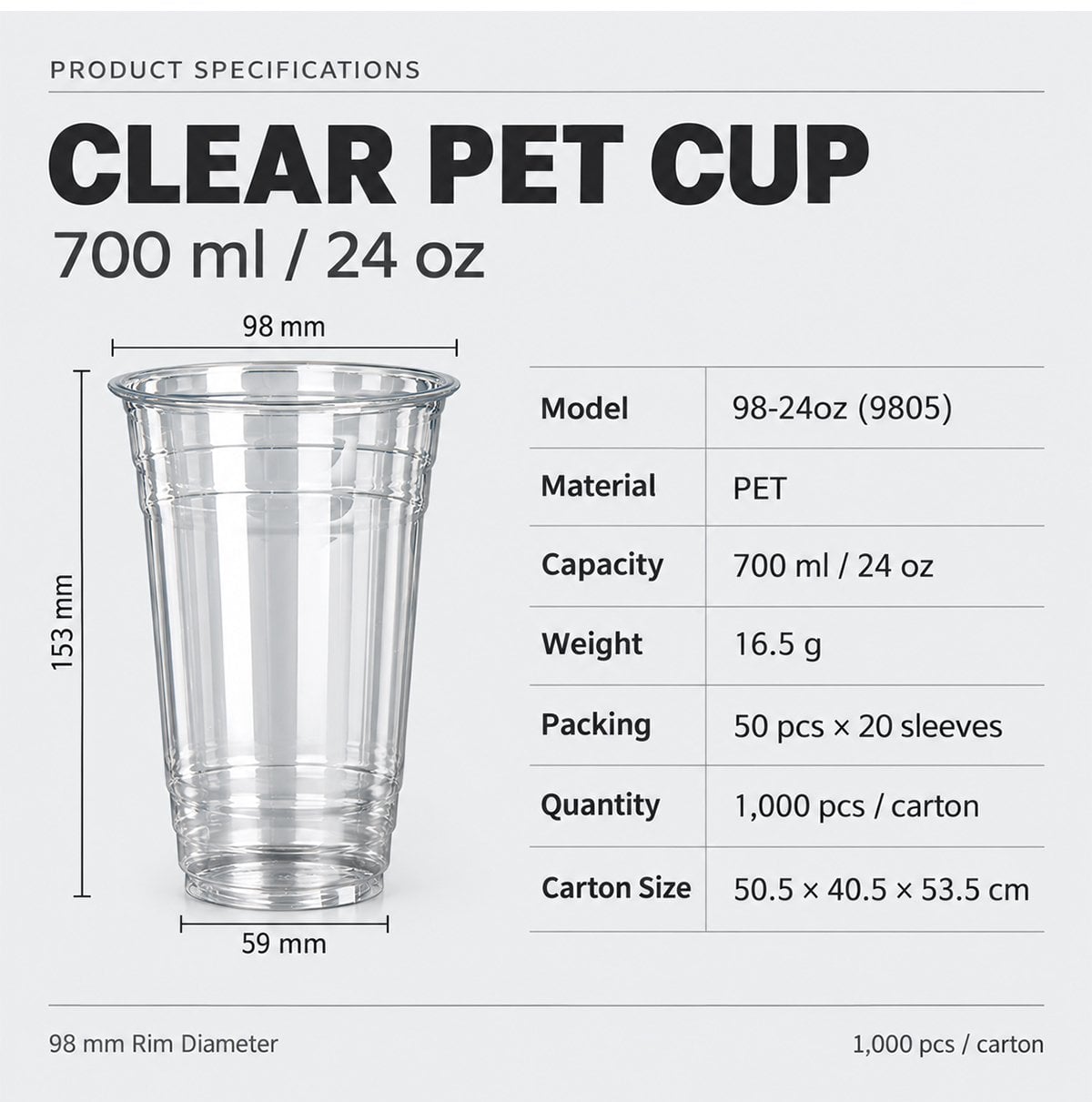 24 oz clear PET cup dimensions and packing specifications