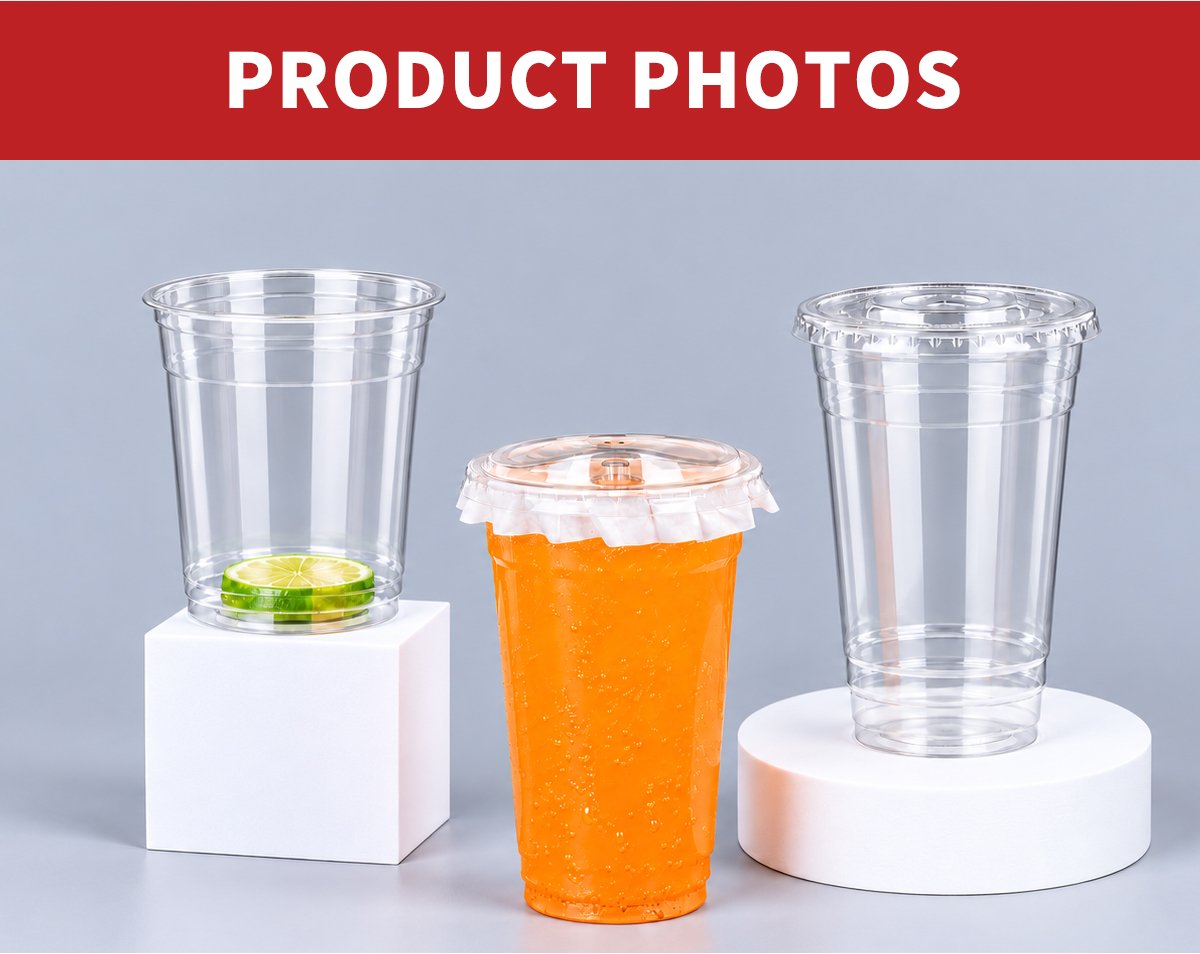 Three clear PET cups on display stands, one with orange drink