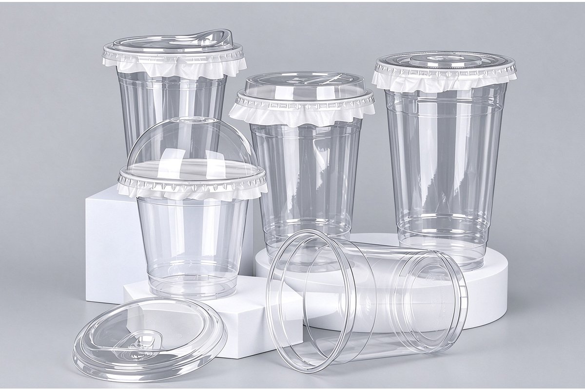 Clear PET cups with dome, flat and sip lids