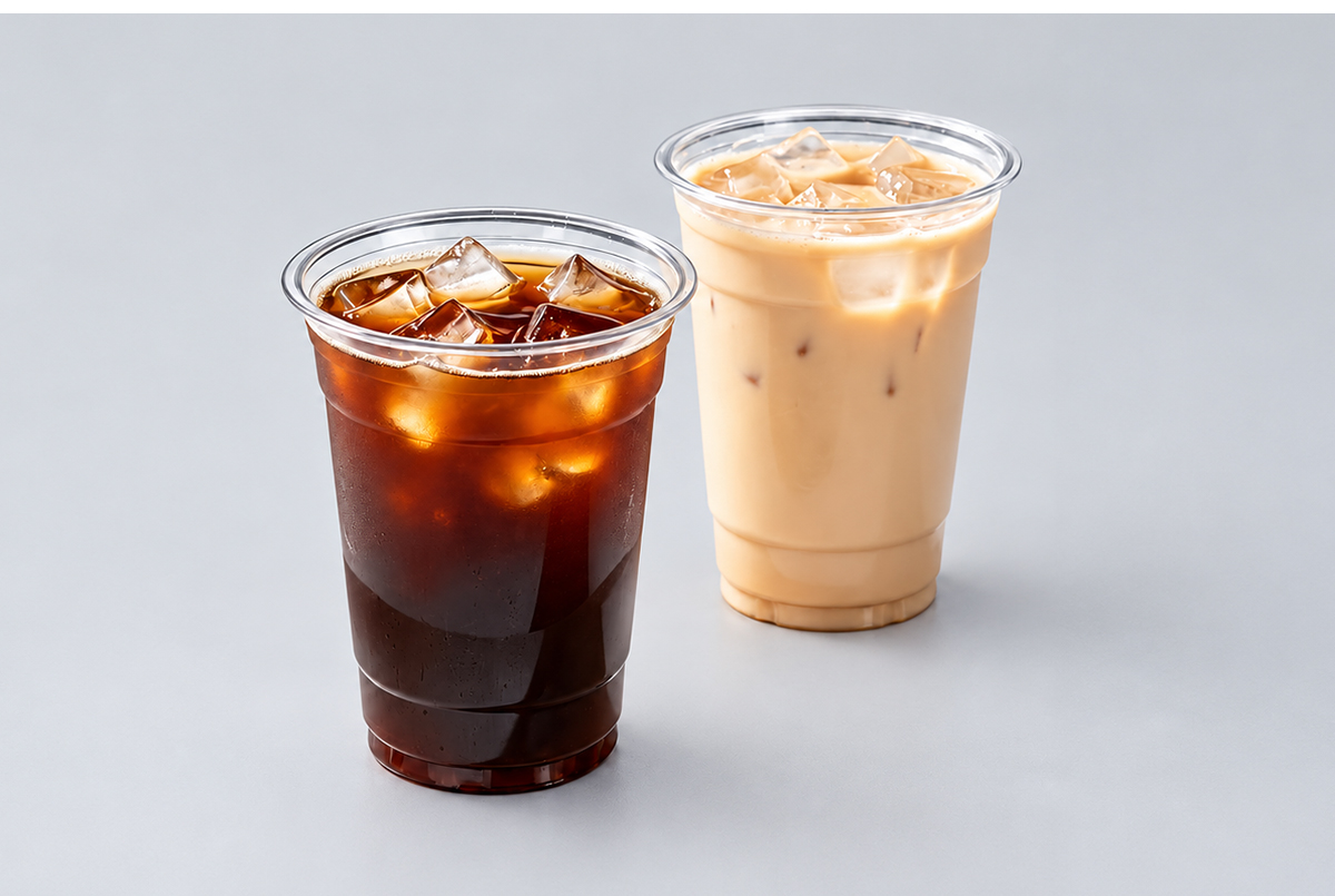 Iced americano and iced milk tea in clear PET cups