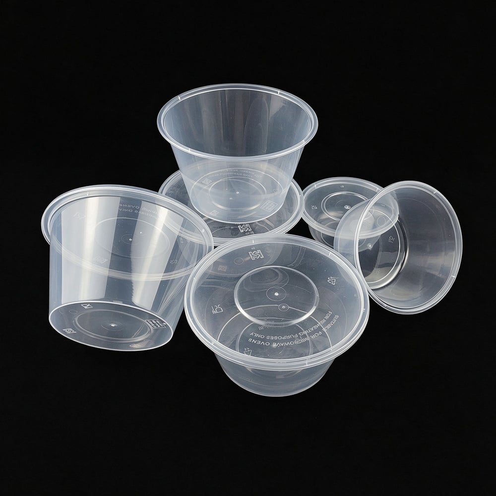 Clear round plastic containers and lids in several sizes