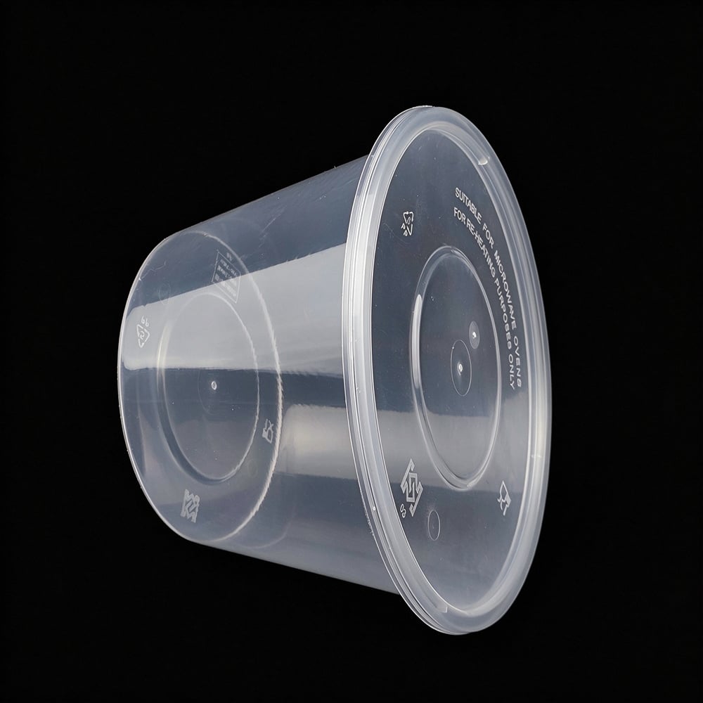 Side view of clear round container with embossed lid