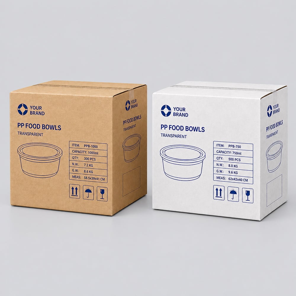 Kraft and white shipping cartons printed for PP food bowls