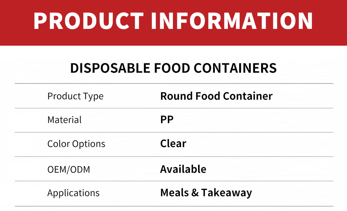 Product information table for disposable round food containers