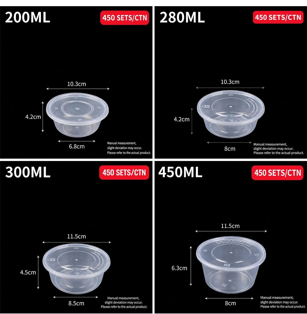 Size cards for 200ml, 280ml, 300ml and 450ml round containers