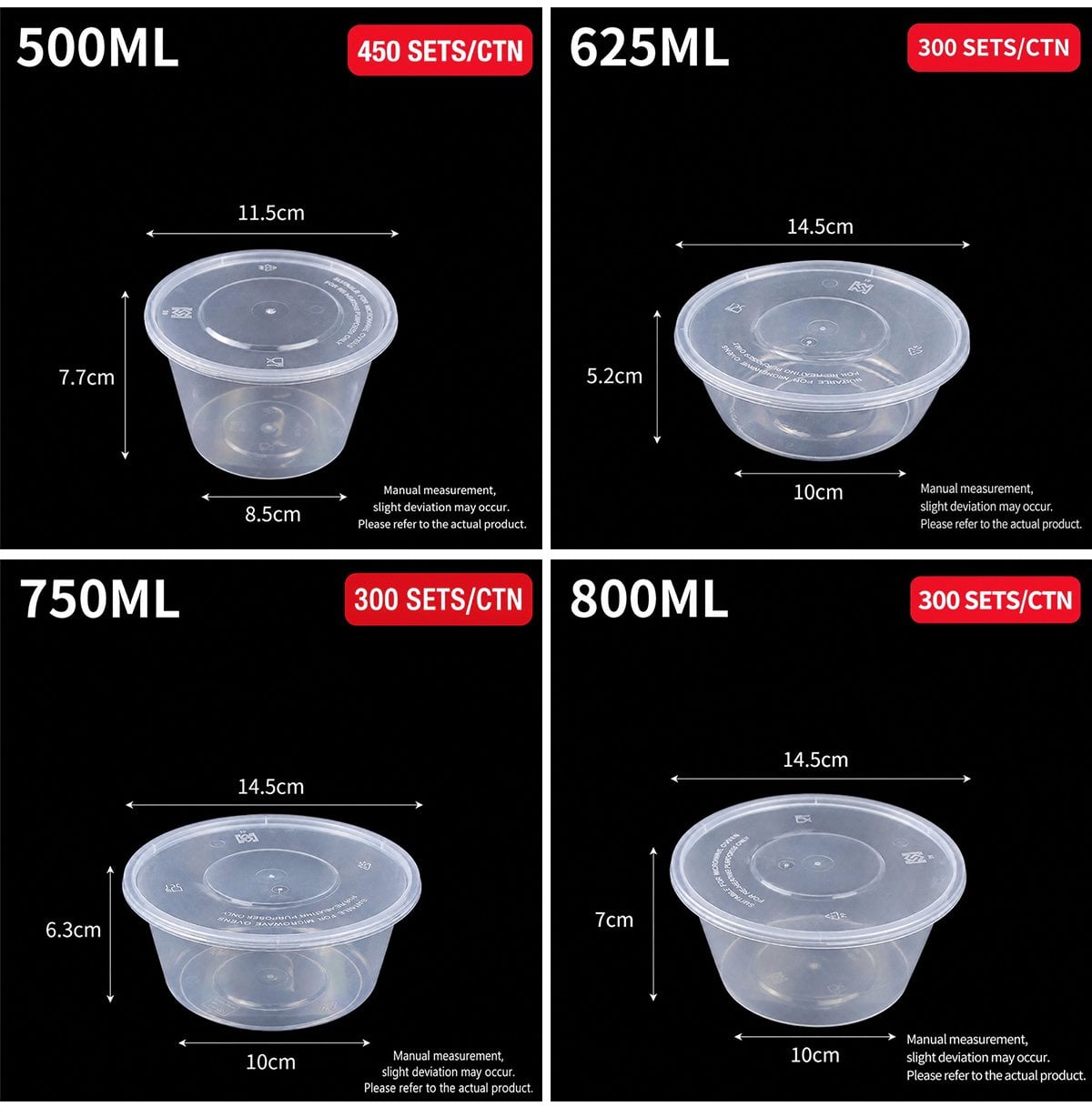 Size cards for 500ml, 625ml, 750ml and 800ml round containers