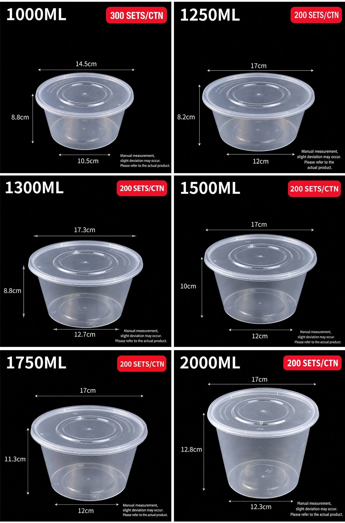 Size cards for 1000ml to 2000ml round food containers