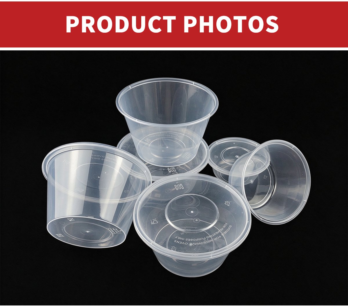 Group of clear round PP containers with lids