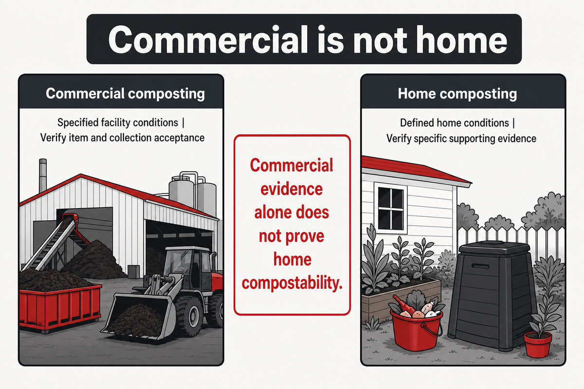Commercial evidence alone does not prove home compostability; US EPA and BPI.