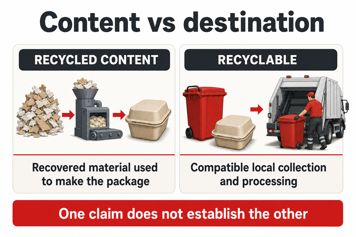 Recycled content concerns manufacture; recyclable claims concern recovery, per FTC.