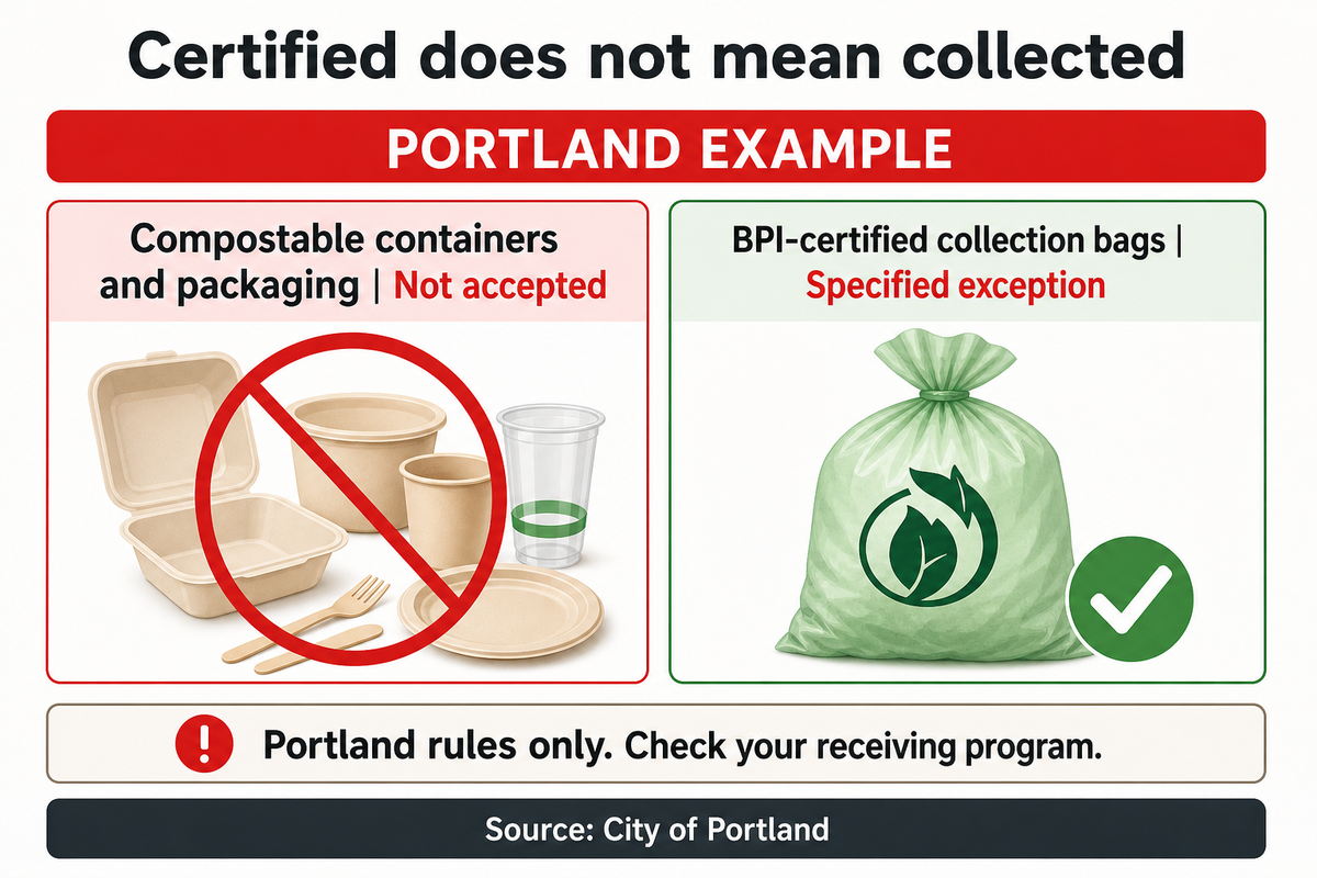Portland excludes compostable containers but permits specified BPI-certified bags.