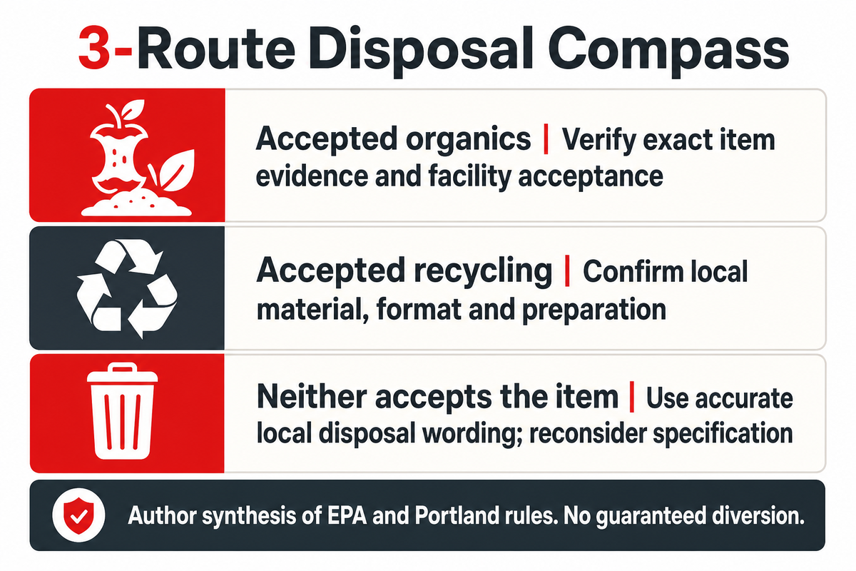 The 3-Route Disposal Compass matches items to accepted routes; synthesis of EPA and Portland rules.