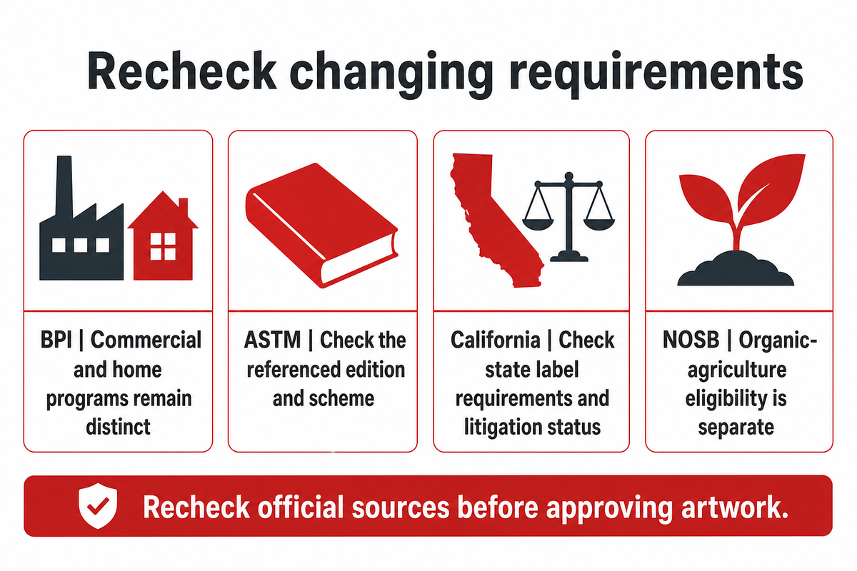 Program launches and revised standards require document checks; BPI, ASTM, CalRecycle and NOSB.