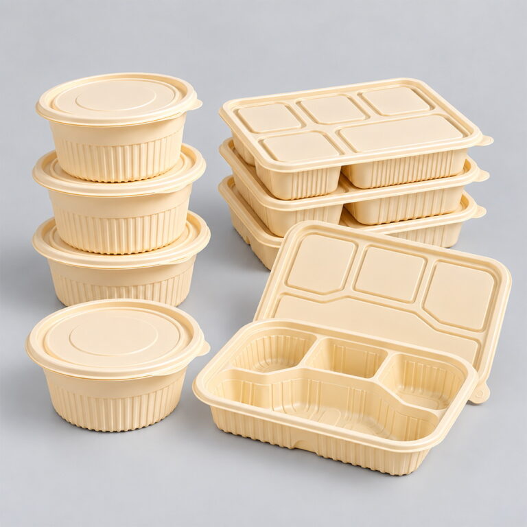 Stacked cornstarch round bowls and compartment meal boxes with lids