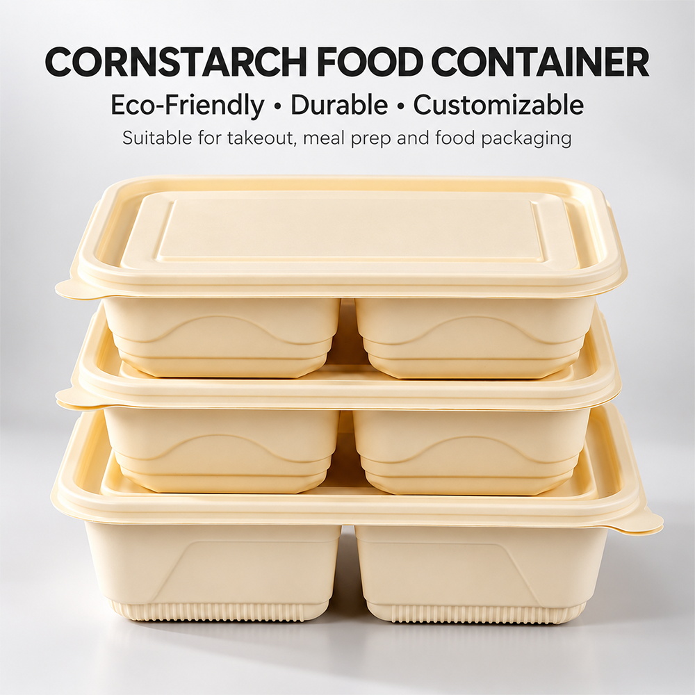 Three stacked two-compartment rectangular cornstarch food containers with lids