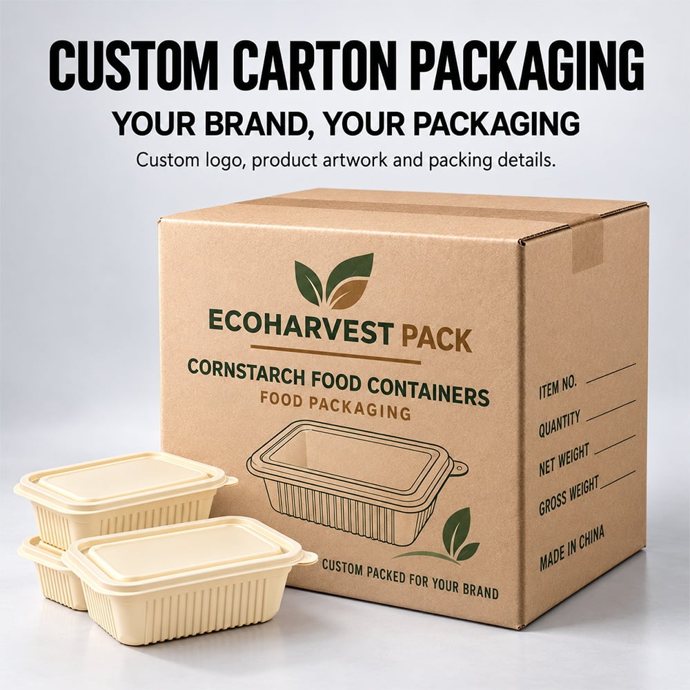 Custom printed shipping carton beside rectangular cornstarch food containers