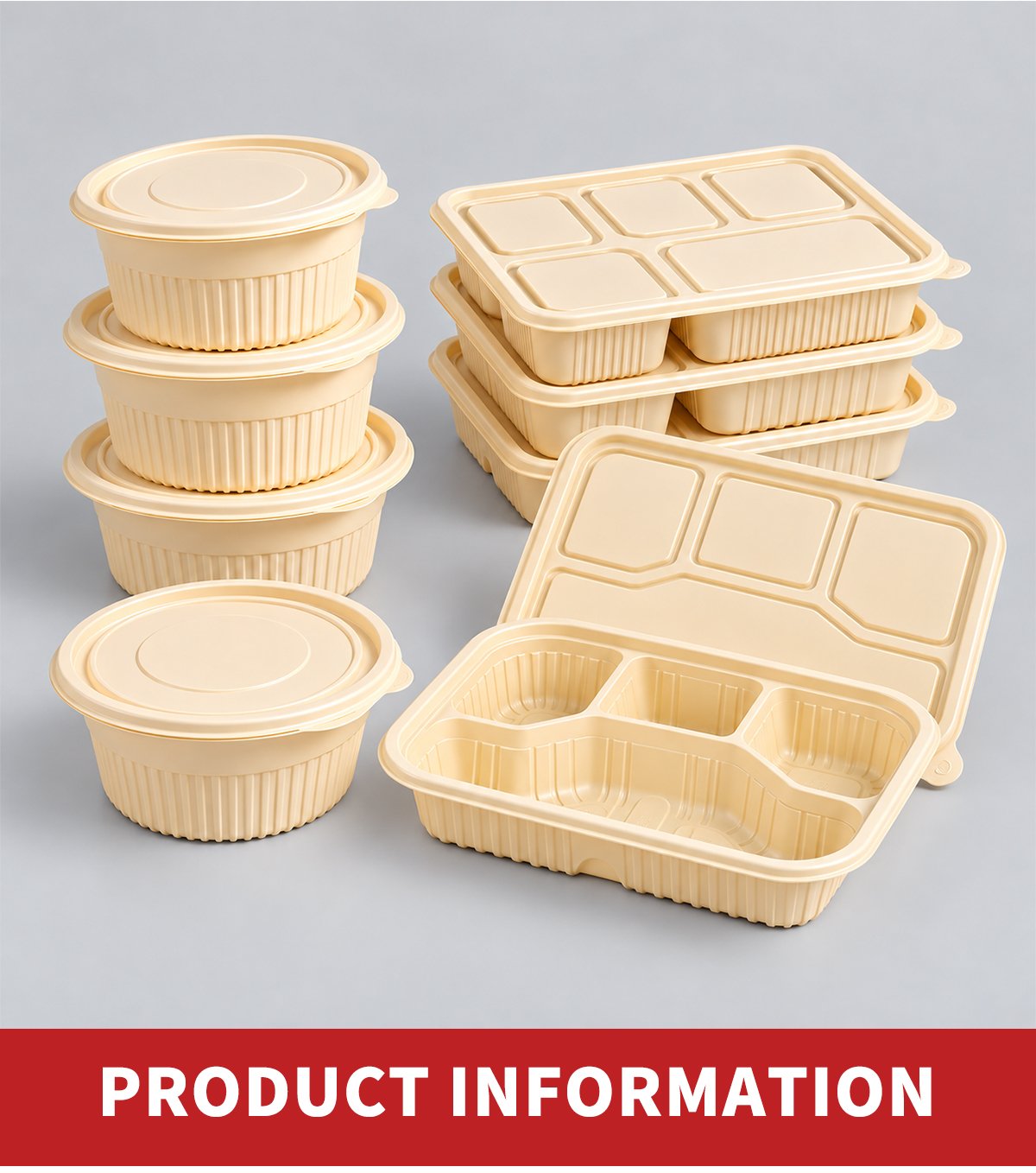 Assorted cornstarch round bowls and compartment meal boxes with lids