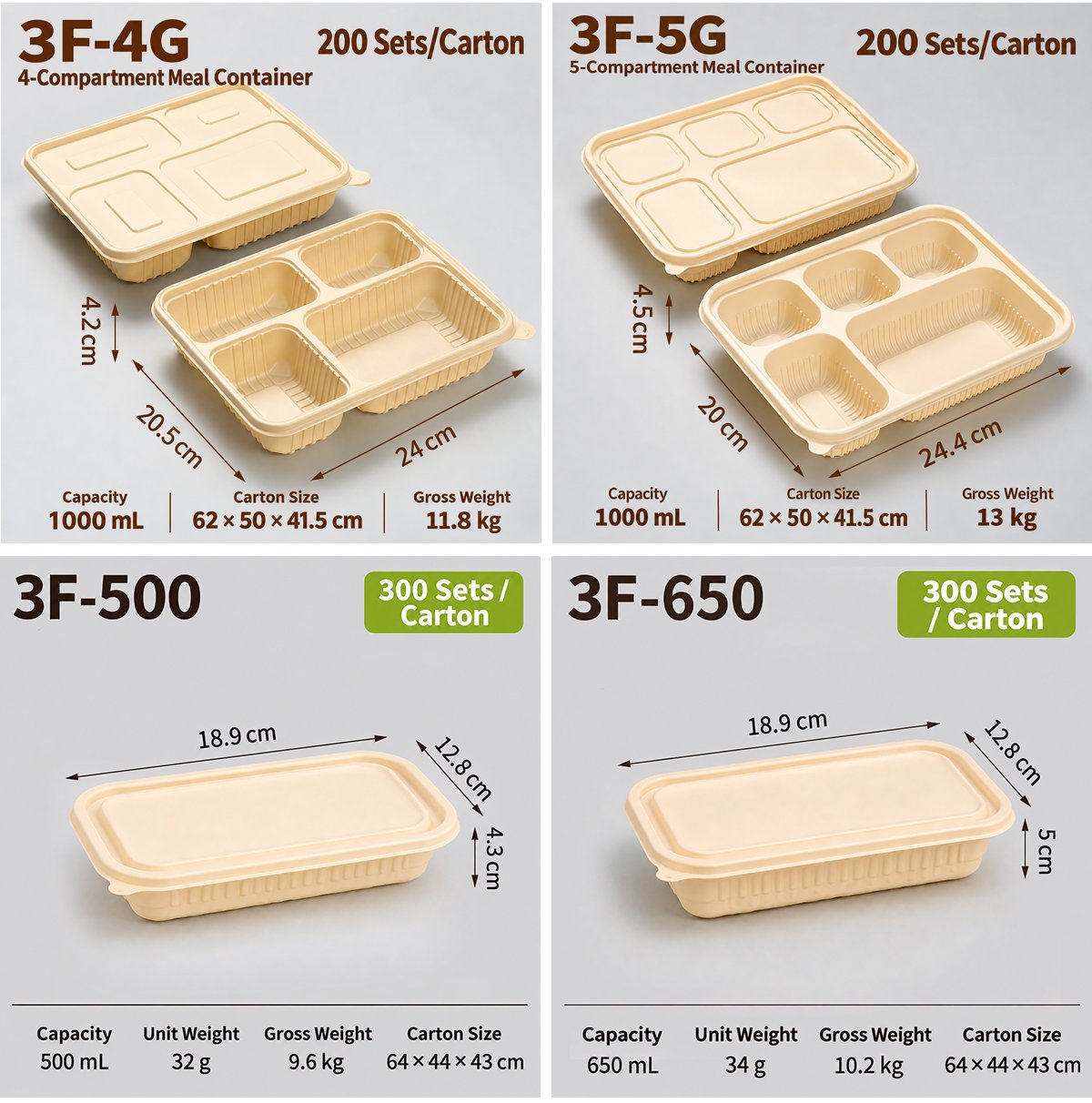 Specification cards for 3F-4G, 3F-5G, 3F-500 and 3F-650 containers