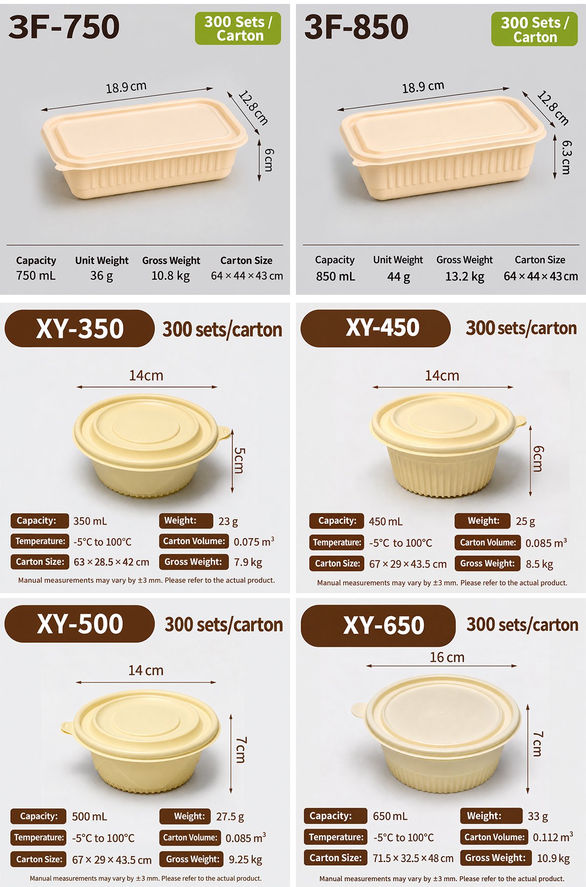 Specification cards for 3F-750, 3F-850 and XY-350 to XY-650 bowls