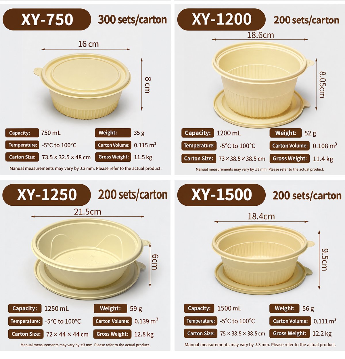 Specification cards for XY-750, XY-1200, XY-1250 and XY-1500 bowls